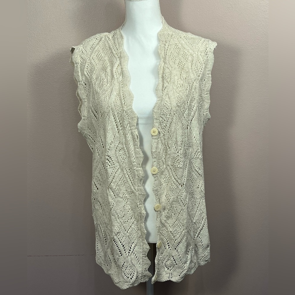 Vintage Grandamcore Cream Crochet Knit Button Front Vest by Beldoch Popper